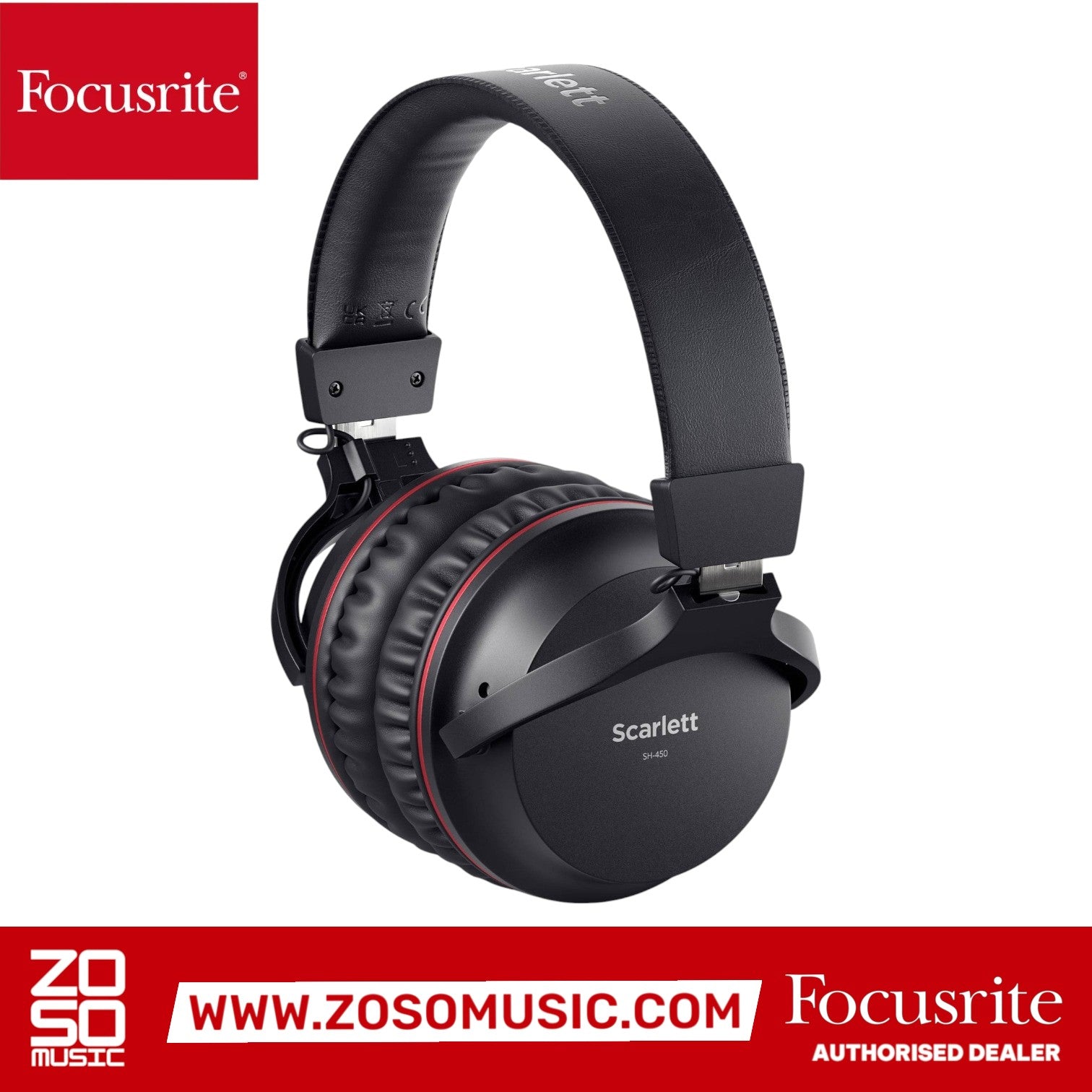 Zoso Music Focusrite Scarlett SH-450 closed-back studio headphones in black with red accents