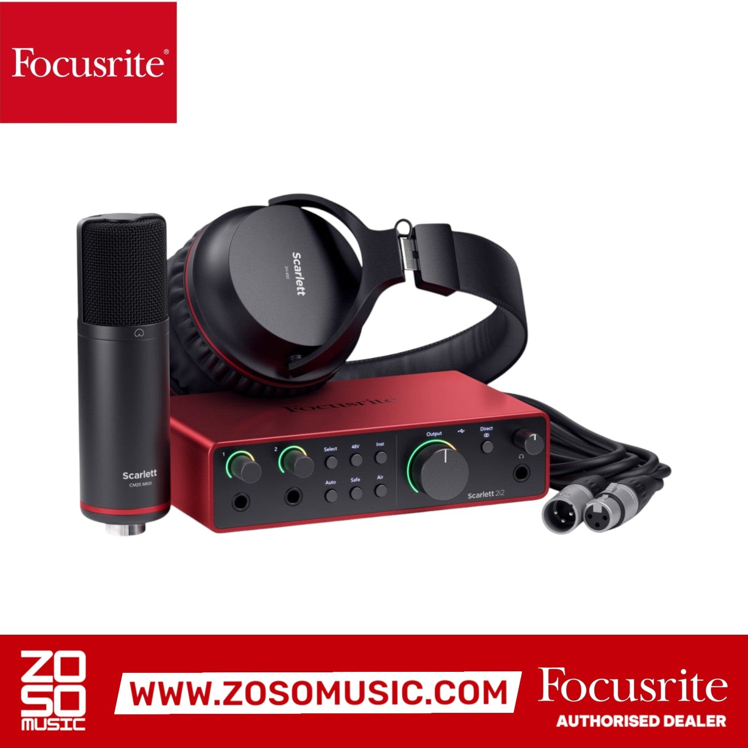 Zoso Music Focusrite Scarlett 2i2 Studio 4th Gen bundle with red audio interface, condenser mic, and headphones.