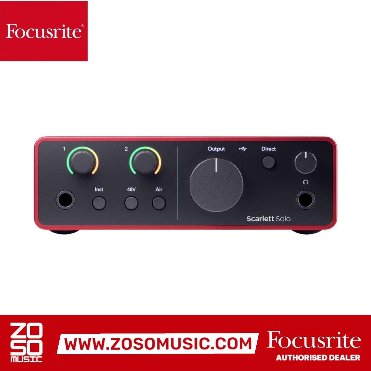 Zoso Music Focusrite Scarlett Solo 4th Gen USB audio interface with red chassis and front panel controls.