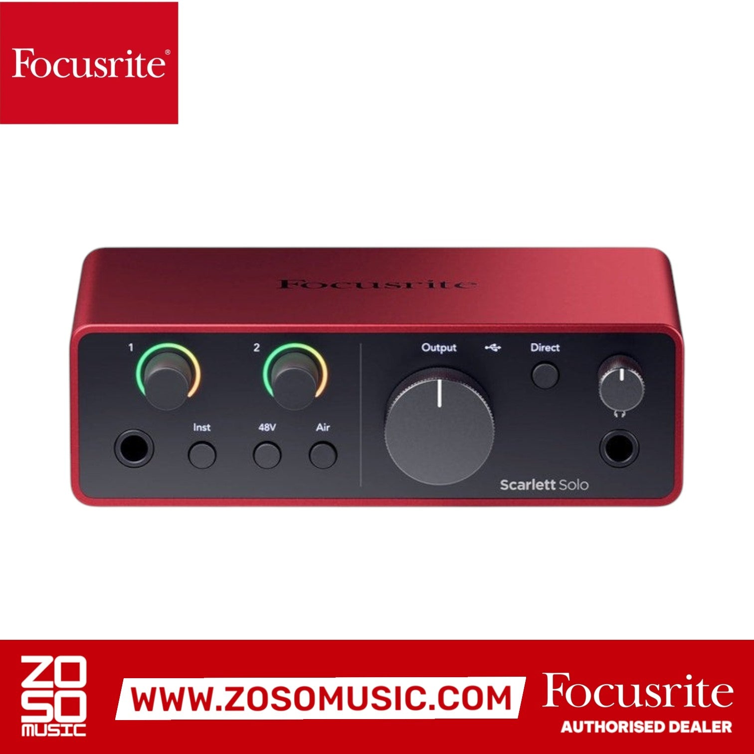 Zoso Music Focusrite Scarlett Solo 4th Gen USB audio interface in iconic red finish with gain halos and controls.