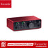 Zoso Music Focusrite Scarlett Solo 4th Gen audio interface in signature red with gain halos and control knobs