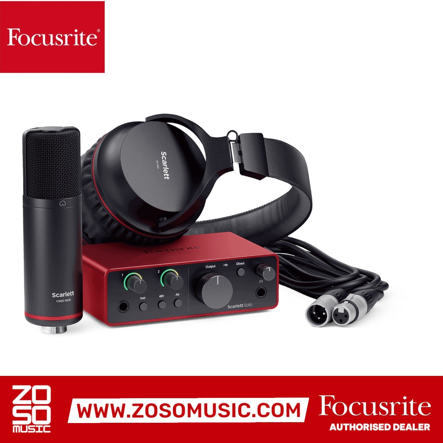 Zoso Music Focusrite Scarlett Solo Studio 4th Gen bundle with condenser mic, headphones, and audio interface