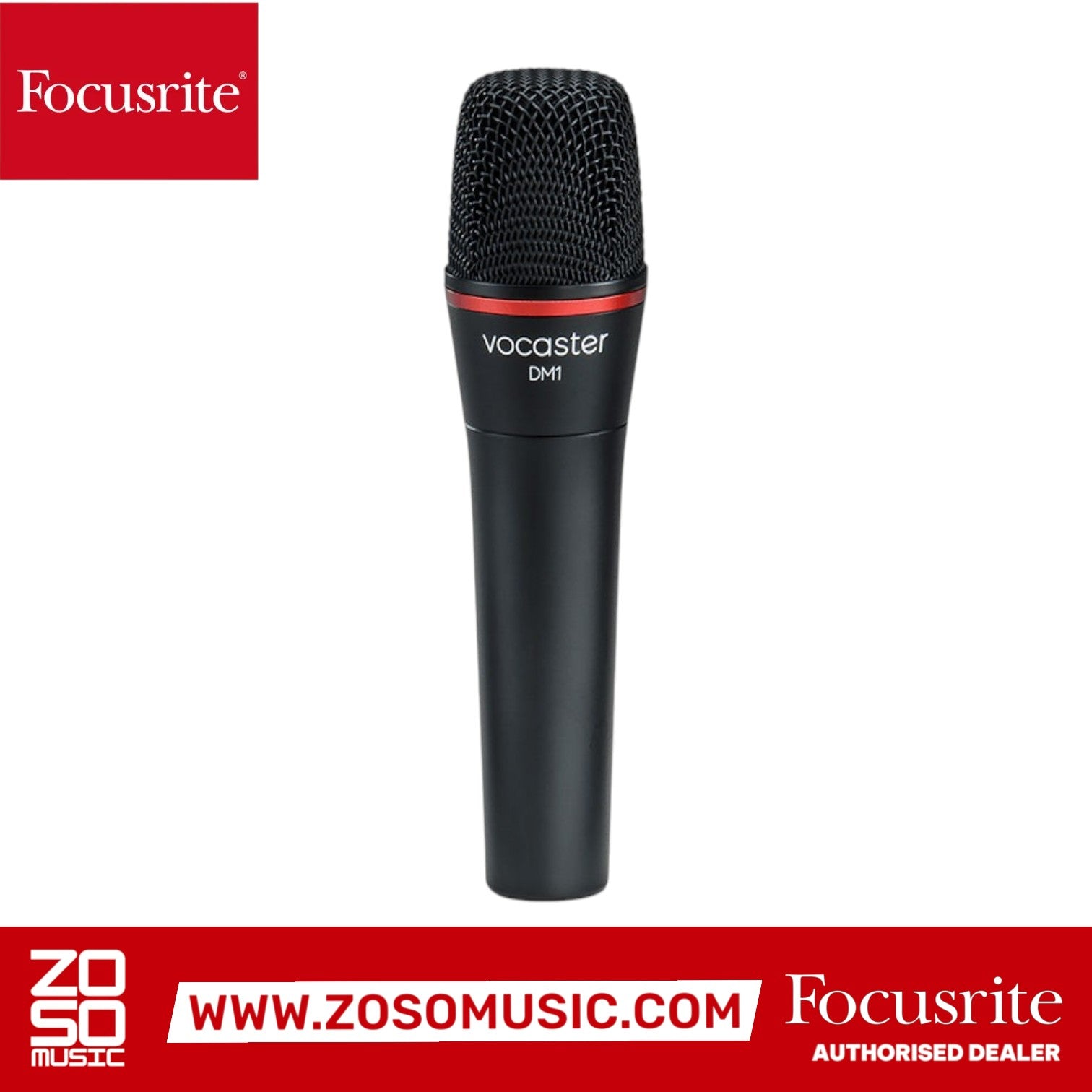 Zoso Music Focusrite Vocaster DM1 black dynamic studio microphone for podcasting with a red accent ring