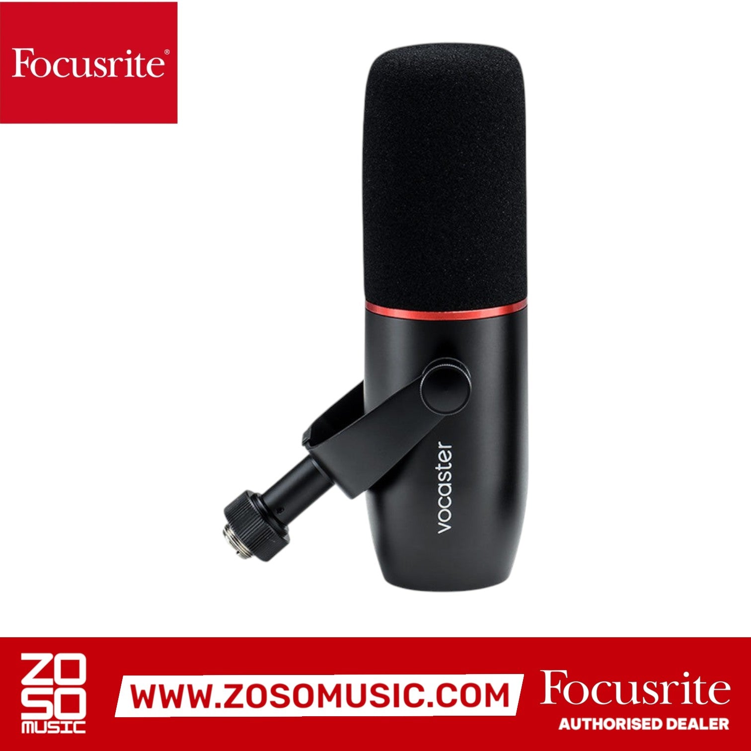 Zoso Music Focusrite Vocaster DM14v broadcast microphone with black finish and red accent ring