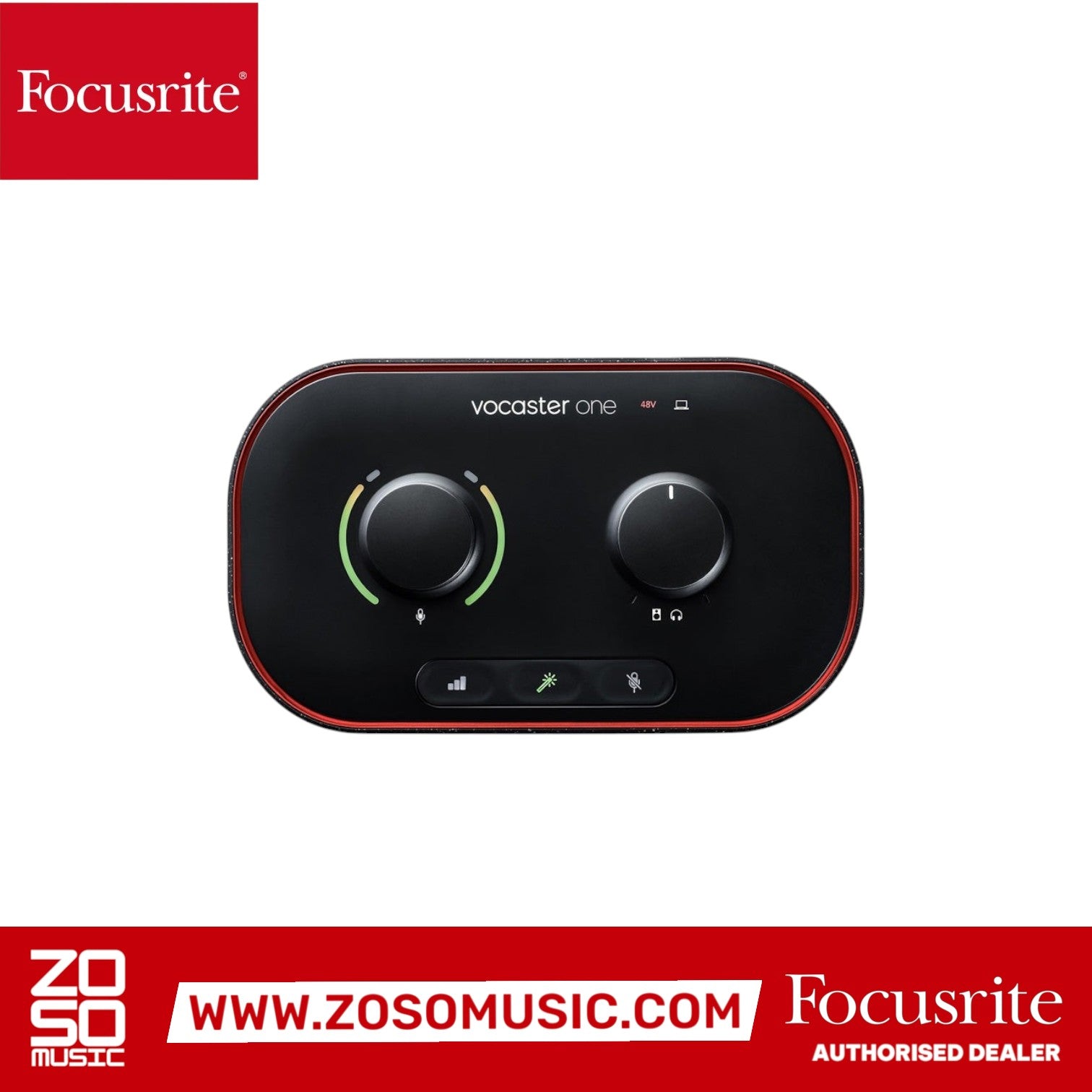 Zoso Music Focusrite Vocaster One black USB-C podcasting audio interface with gain and volume control knobs