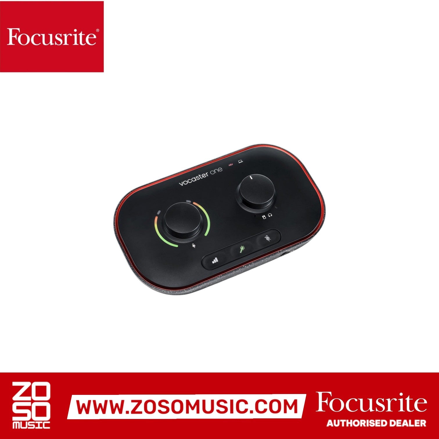 Zoso Music Focusrite Vocaster One black USB-C podcasting audio interface with gain and volume control knobs