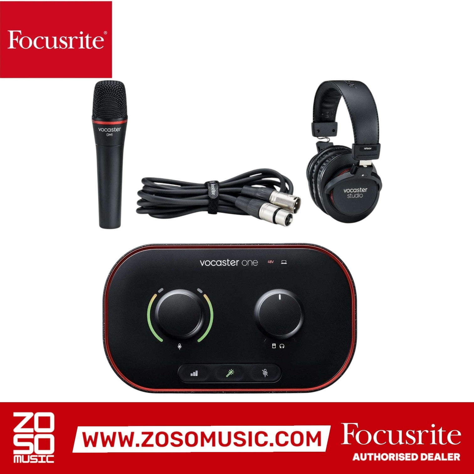 Zoso Music Focusrite Vocaster One podcasting bundle with audio interface, DM1 microphone, and HP60v studio headphones.