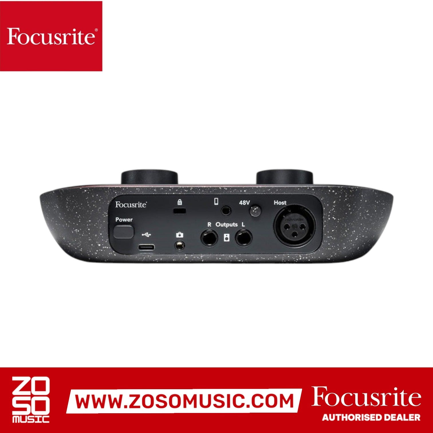 Rear view of the Zoso Music Focusrite Vocaster One audio interface showing XLR, USB-C, and camera output ports.