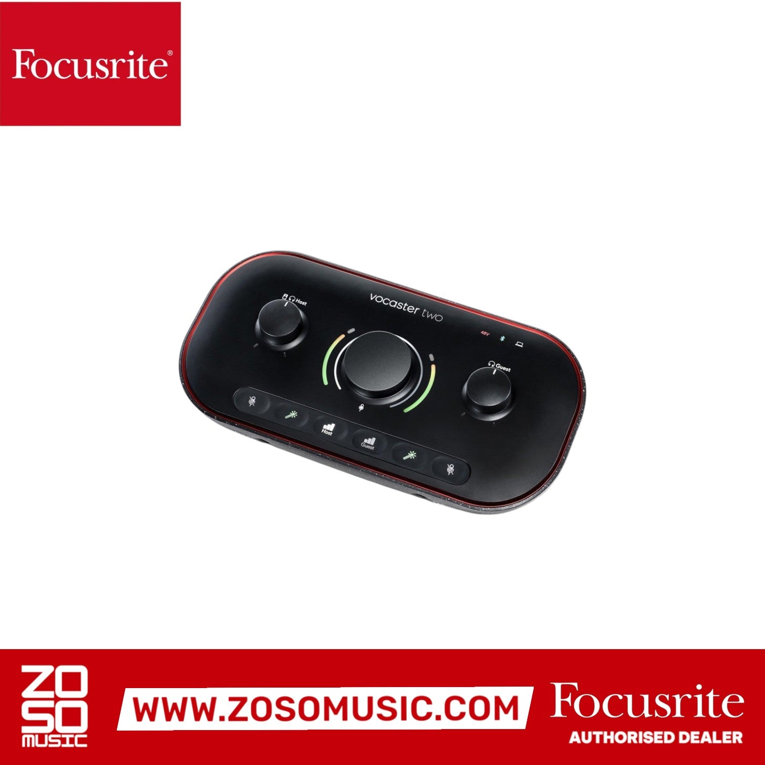 Zoso Music Focusrite Vocaster Two black USB-C podcasting audio interface with dual mic and headphone controls