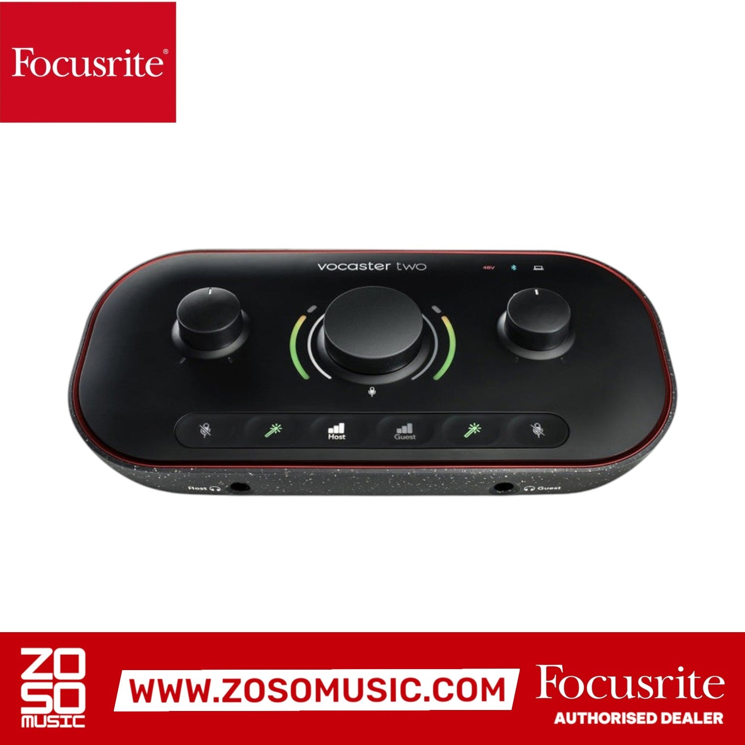 Zoso Music Focusrite Vocaster Two black podcasting audio interface with dual mic and headphone controls