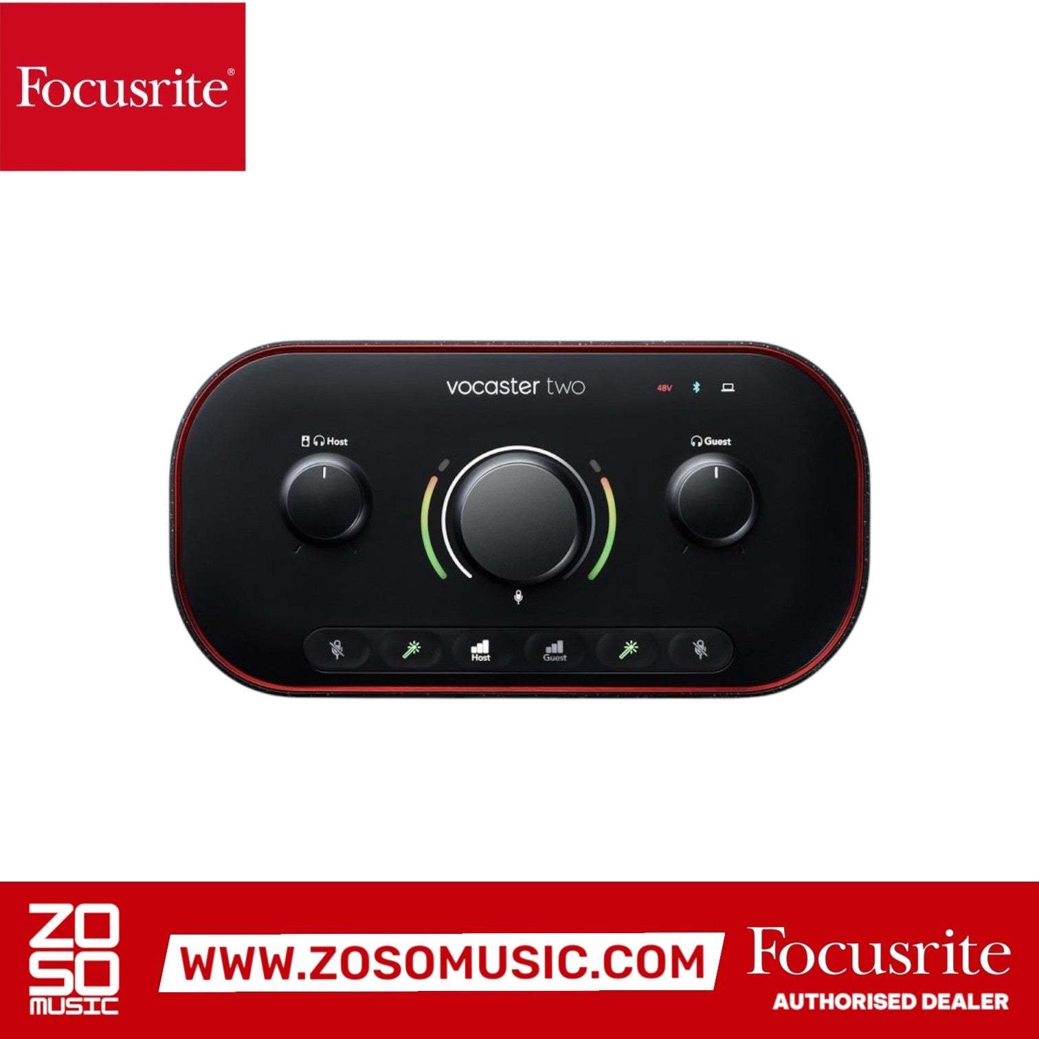 Zoso Music Focusrite Vocaster Two podcasting audio interface with dual mic inputs and volume control knobs