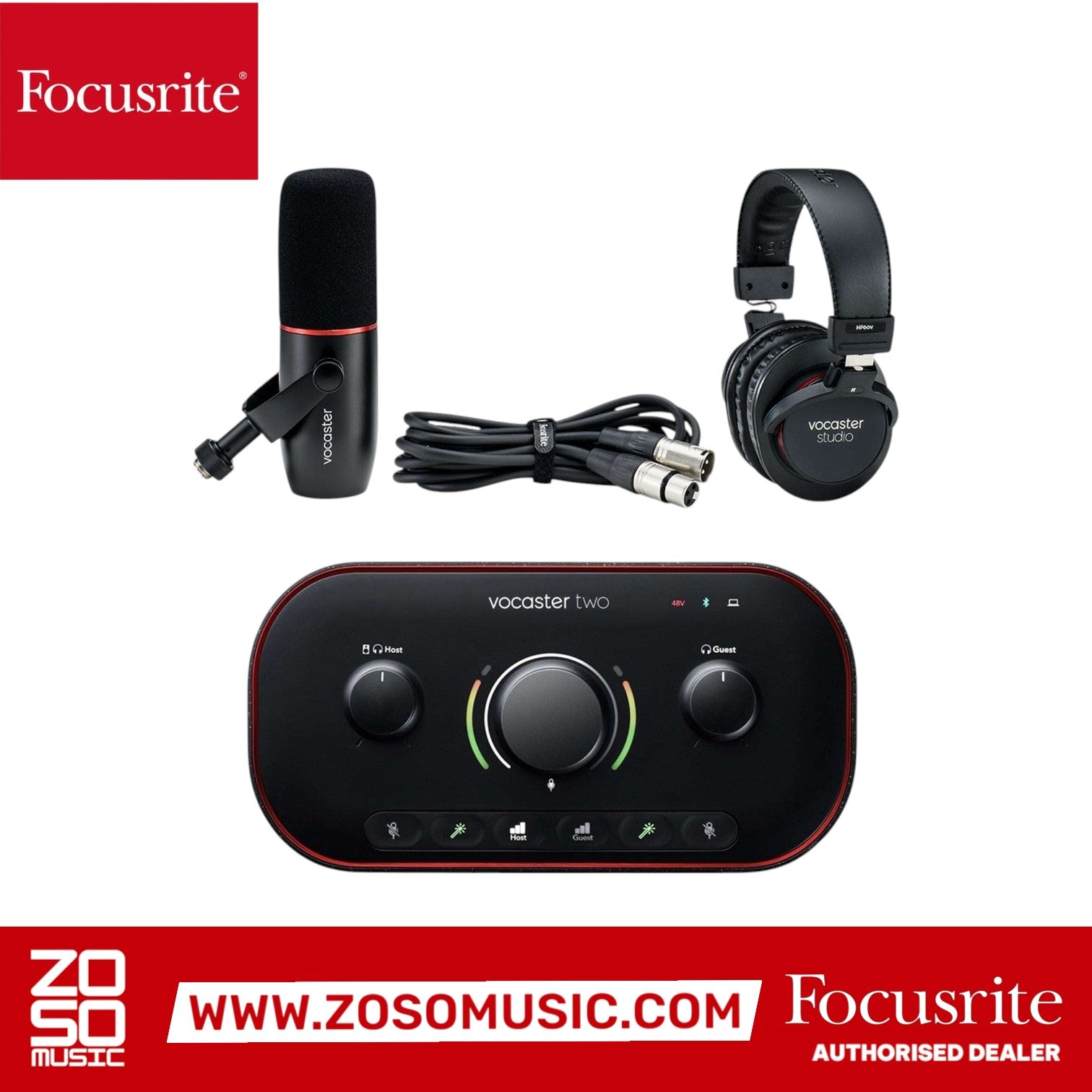 Zoso Music Focusrite Vocaster Two podcasting bundle with audio interface, DM14v microphone, and HP60v studio headphones.