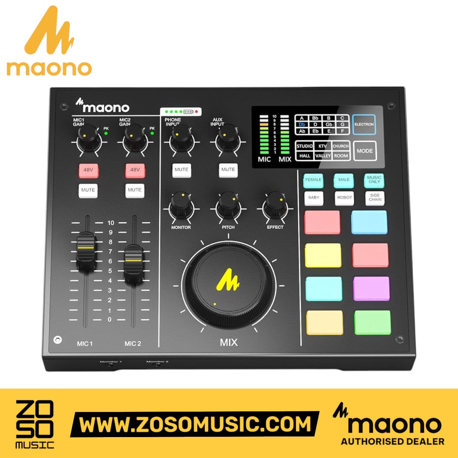 Zoso Music MAONO AM100 portable podcast studio mixer with black interface, vocal FX buttons, and sound effect pads.