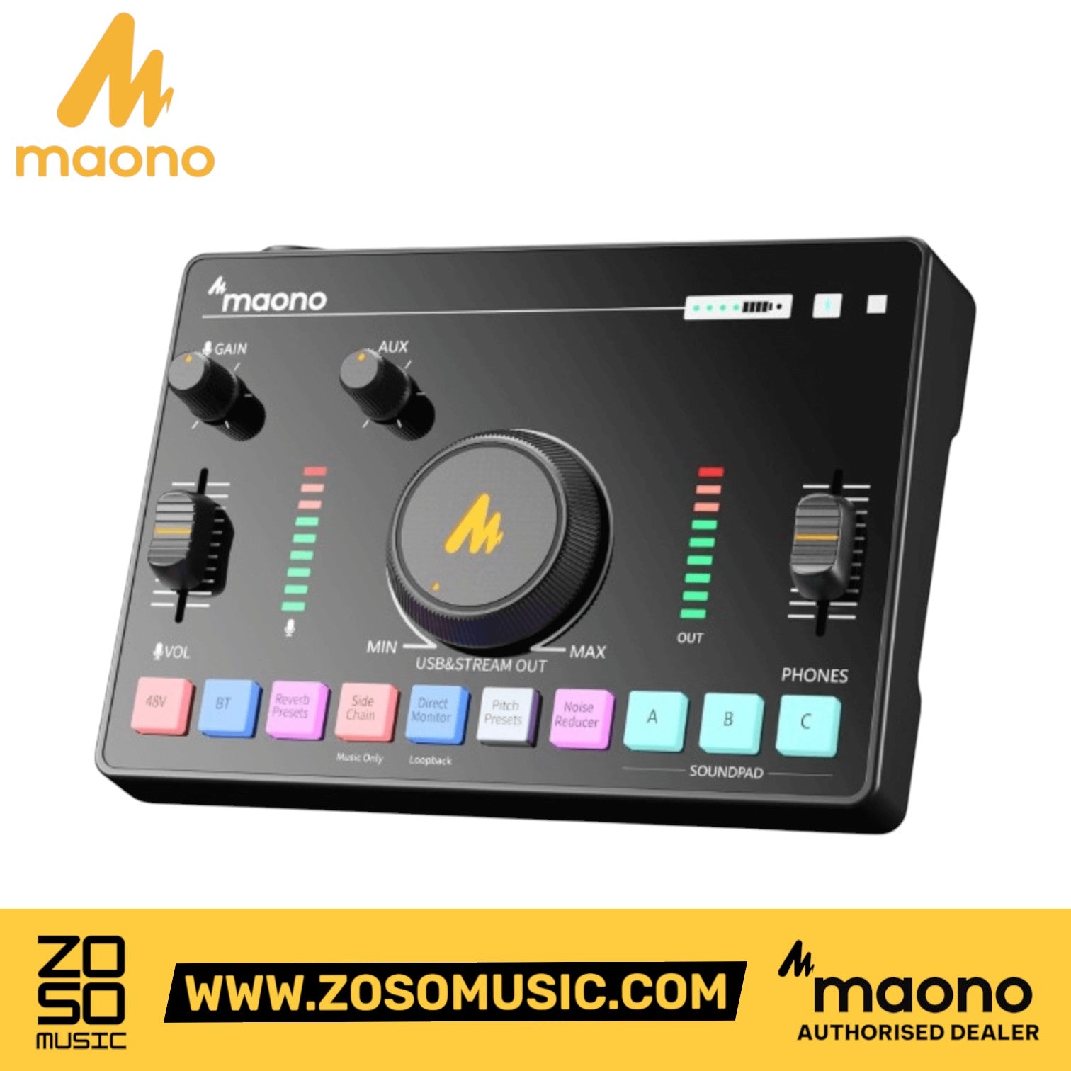 Zoso Music Maono AMC2 NEO black audio mixer with gain knobs, sound pads, and LED indicators for podcasting streaming