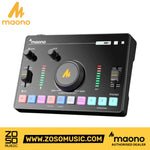 Zoso Music Maono AMC2 NEO black audio mixer with gain knobs, sound pads, and LED indicators for podcasting streaming