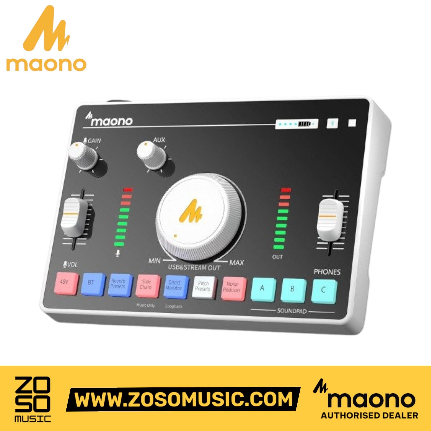 Zoso Music Maono AMC2 NEO portable audio mixer with control knobs, sliders, and sound pads for podcasting and streaming.
