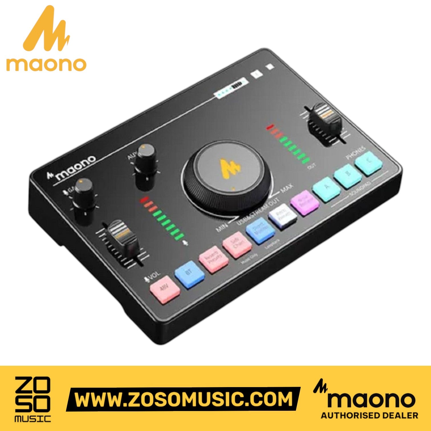 Zoso Music Maono AMC2 NEO streaming audio mixer with black finish, volume sliders, sound pads, and central control knob.