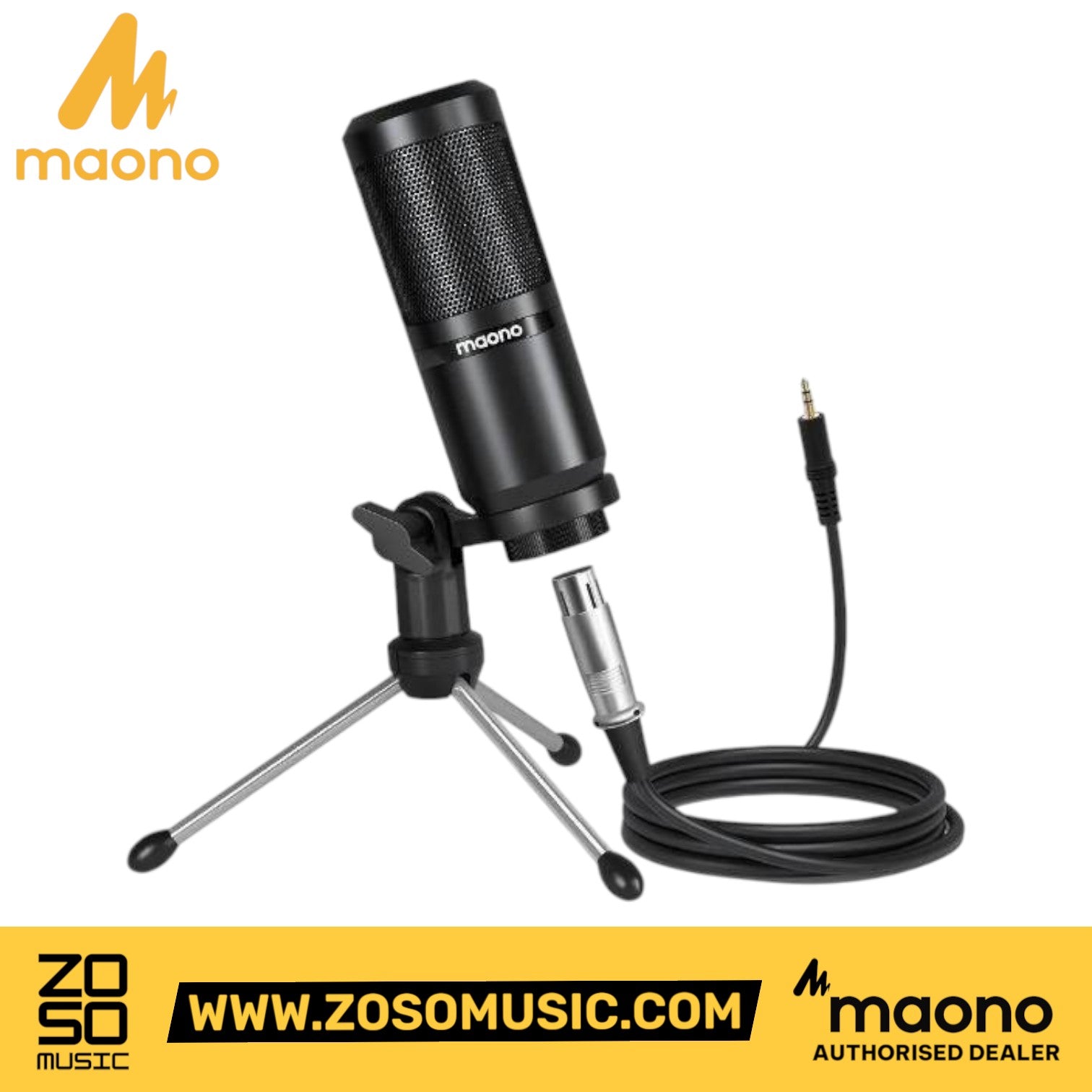 Zoso Music Maono AU-360TR black condenser podcast microphone with tripod stand and XLR cable