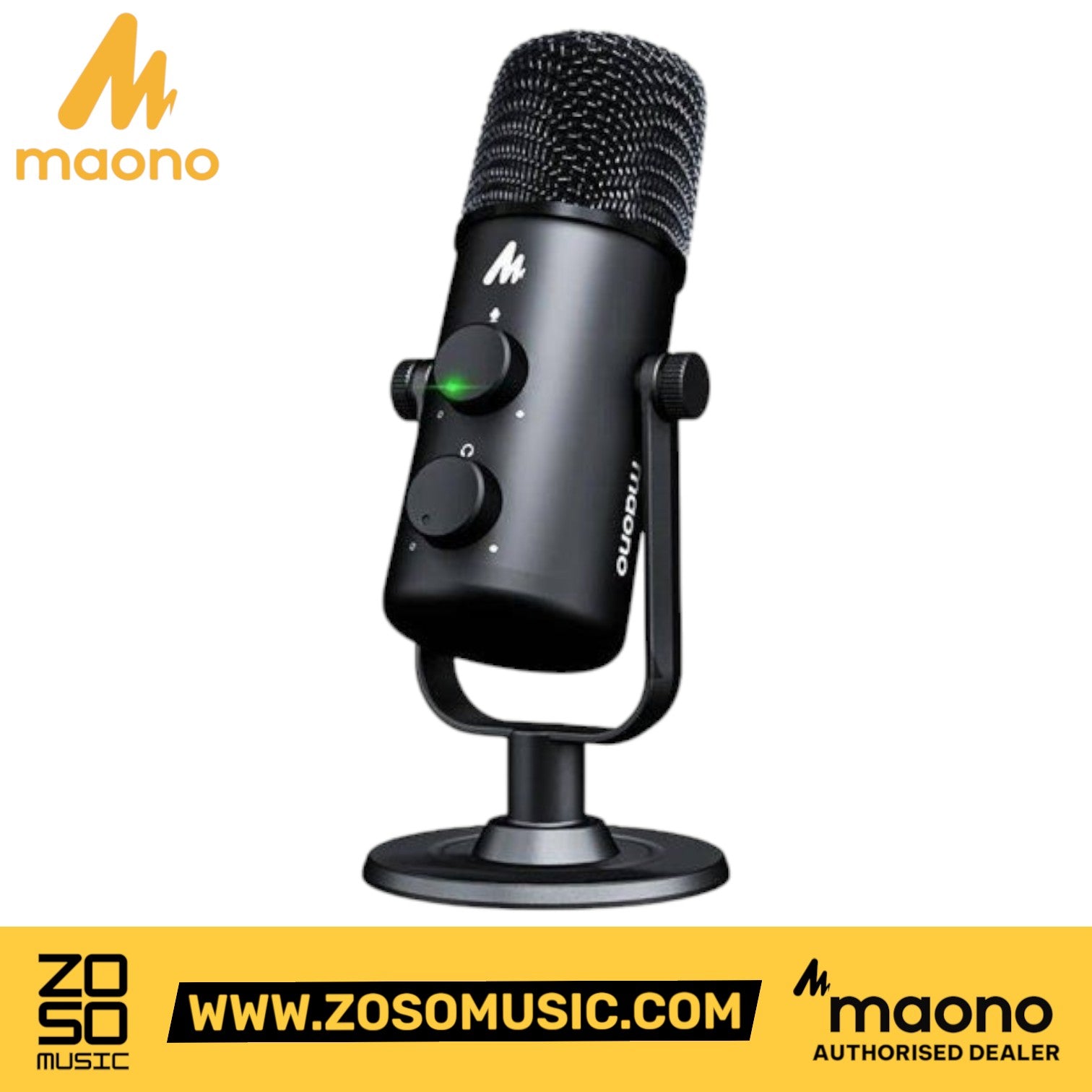 Zoso Music Maono AU-903 black condenser microphone with dual volume knobs and desk stand for streaming and recording