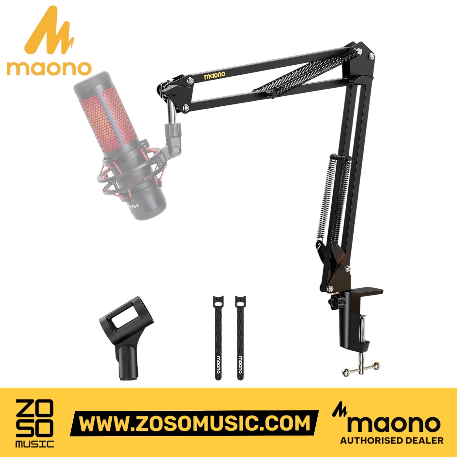 Zoso Music Maono BA20 black steel microphone boom arm stand with desk clamp, mic clip, and cable straps.