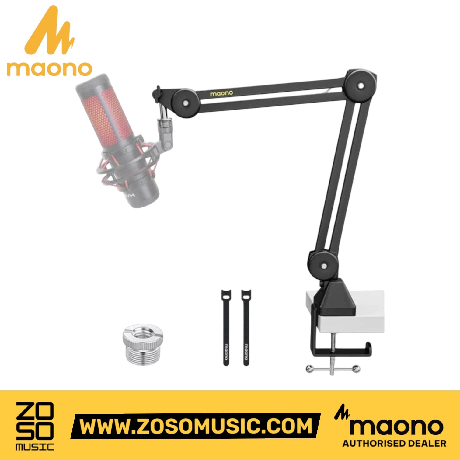 Zoso Music Maono BA37 black metal microphone suspension boom arm with desk clamp, screw adapter, and cable straps.