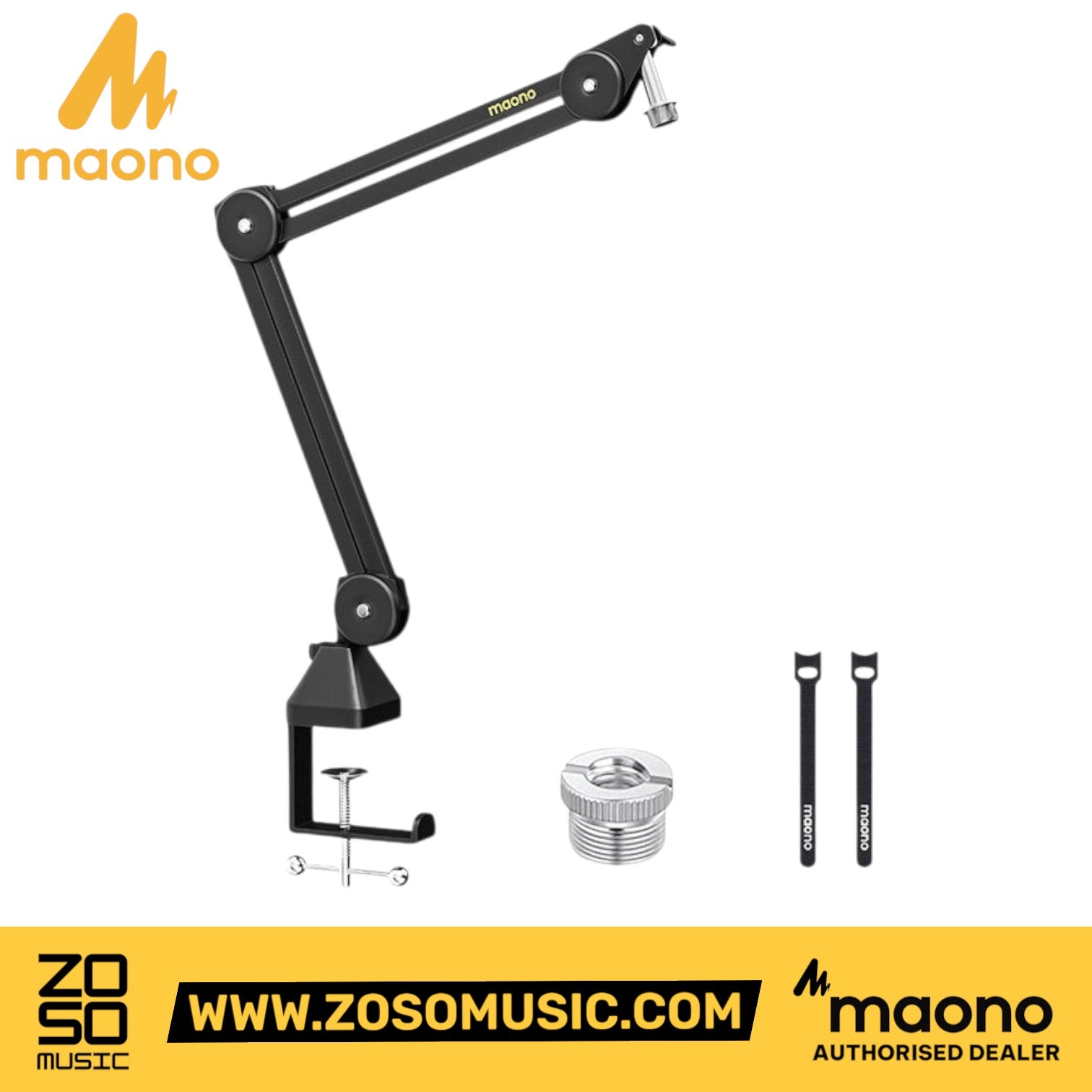 Zoso Music Maono BA37 black metal microphone suspension boom arm with desk clamp, screw adapter, and cable straps.