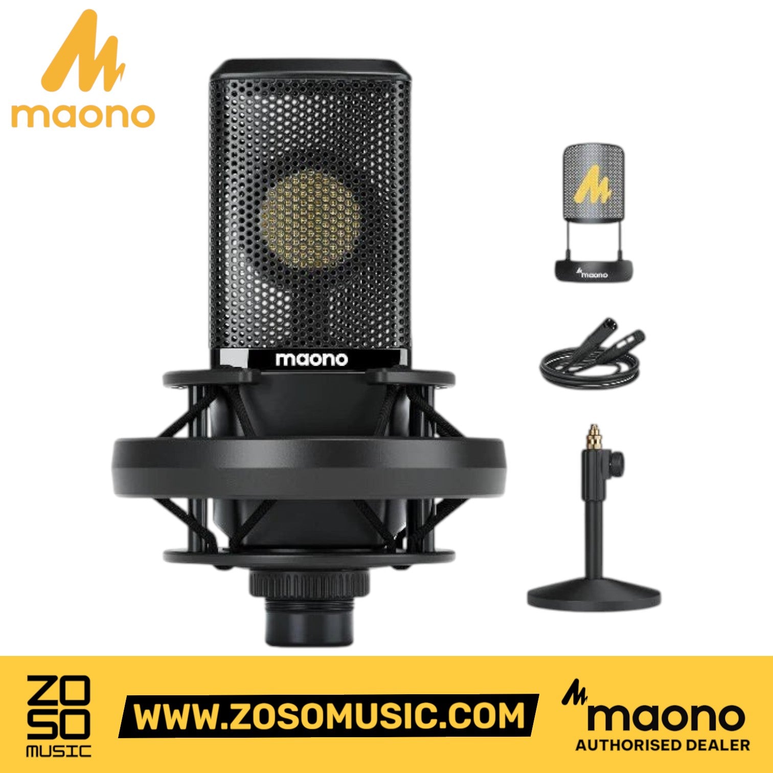 Zoso Music Maono AU-PM500T large diaphragm condenser microphone with shock mount, pop filter, and desktop stand.