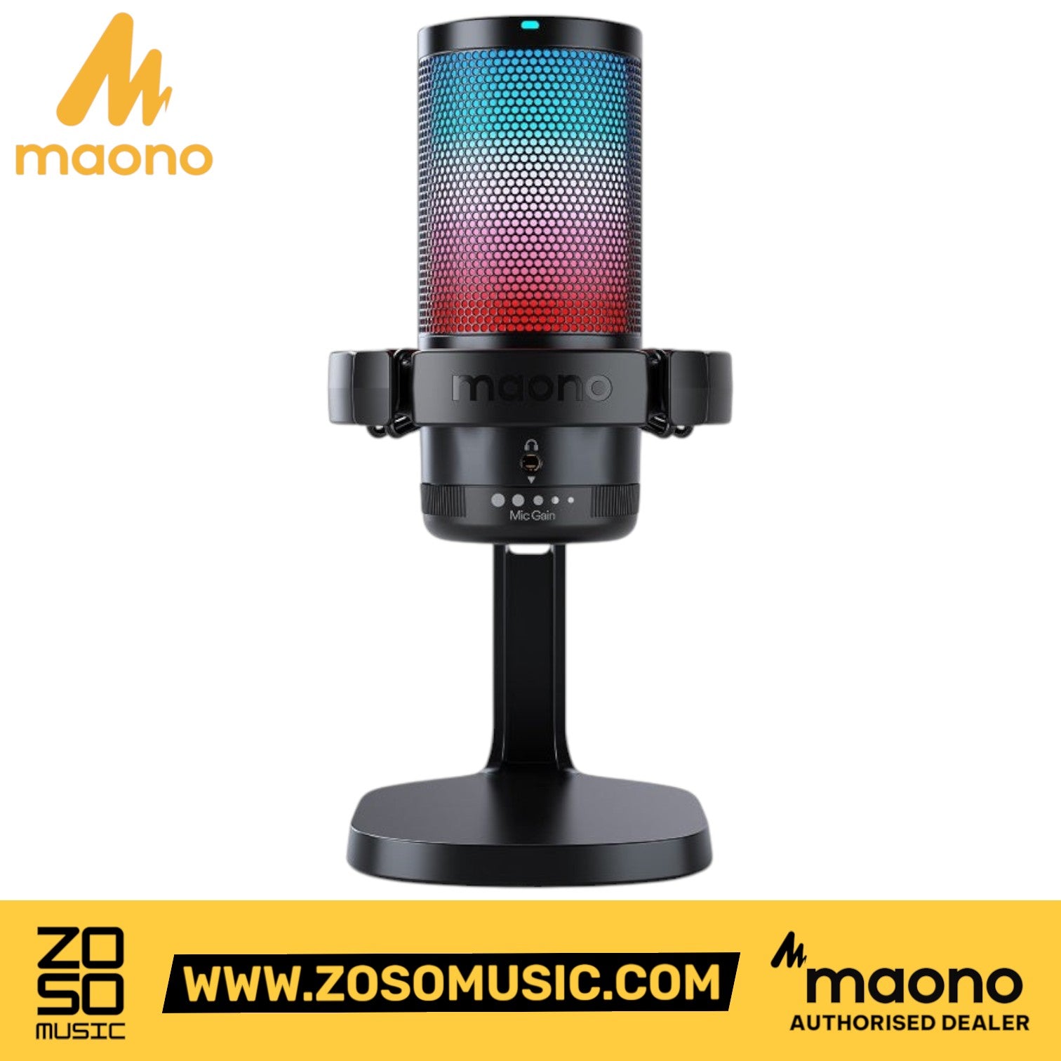 Zoso Music Maono DGM20 condenser USB gaming microphone with vibrant RGB lighting, shock mount, and desktop stand.