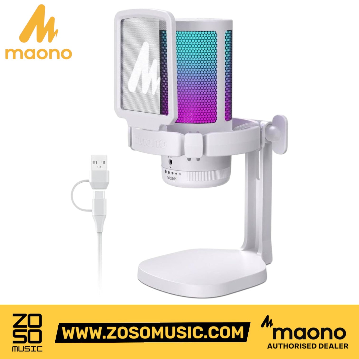 Zoso Music Maono DGM20 white USB gaming microphone with vibrant RGB lighting, pop filter, and adjustable desk stand