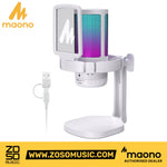 Zoso Music Maono DGM20 white USB gaming microphone with vibrant RGB lighting, pop filter, and adjustable desk stand