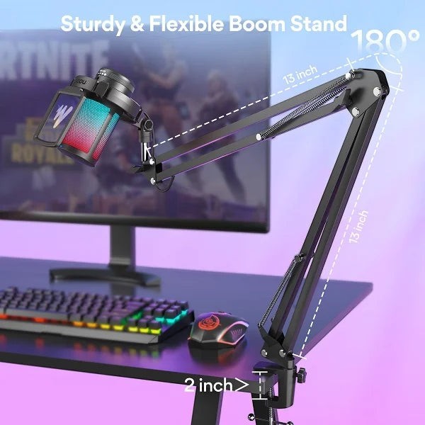 Zoso Music Maono DGM20S RGB gaming microphone with flexible boom arm stand mounted on a desk for streaming setup