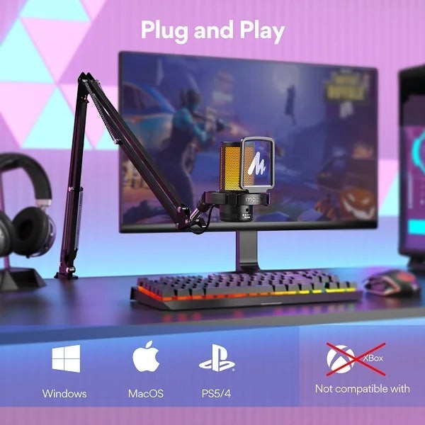 Zoso Music Maono DGM20S RGB gaming microphone on a boom arm with pop filter, set up on a desk for streaming.