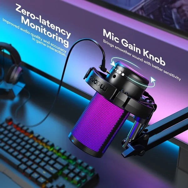 Zoso Music Maono DGM20S gaming microphone with purple RGB lighting, gain knob, and boom arm on a desk setup
