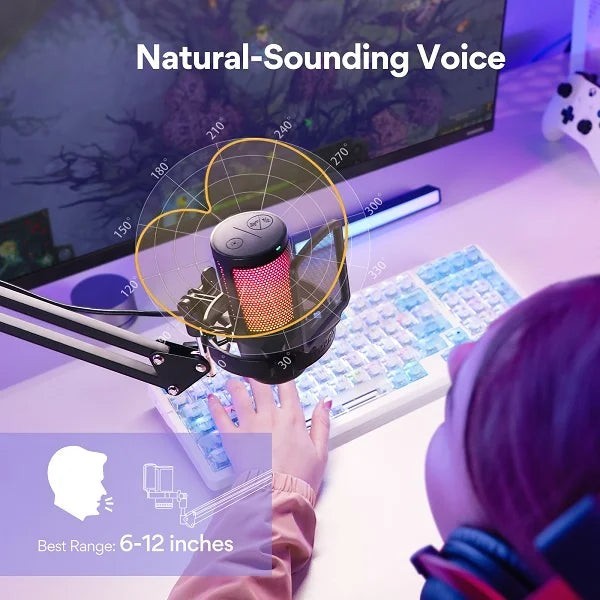 Zoso Music Maono DGM20S RGB gaming microphone on a boom arm showing cardioid pickup pattern for clear voice streaming