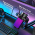 Zoso Music Maono DGM20S gaming microphone with purple RGB lighting, gain knob, and boom arm on a desk setup
