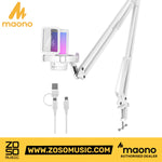 Zoso Music Maono DGM20S white USB gaming microphone with RGB lighting, pop filter, and adjustable boom arm stand.