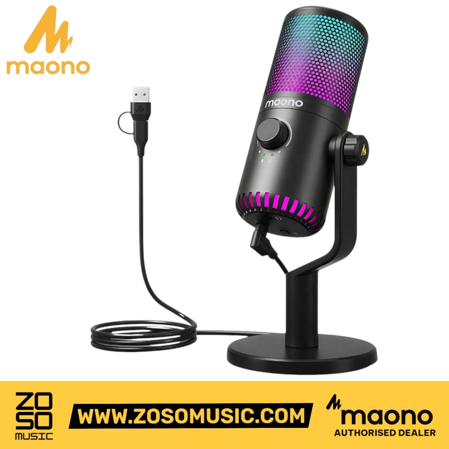 Zoso Music Maono DM30RGB black USB condenser microphone with vibrant customizable RGB lighting and desktop stand