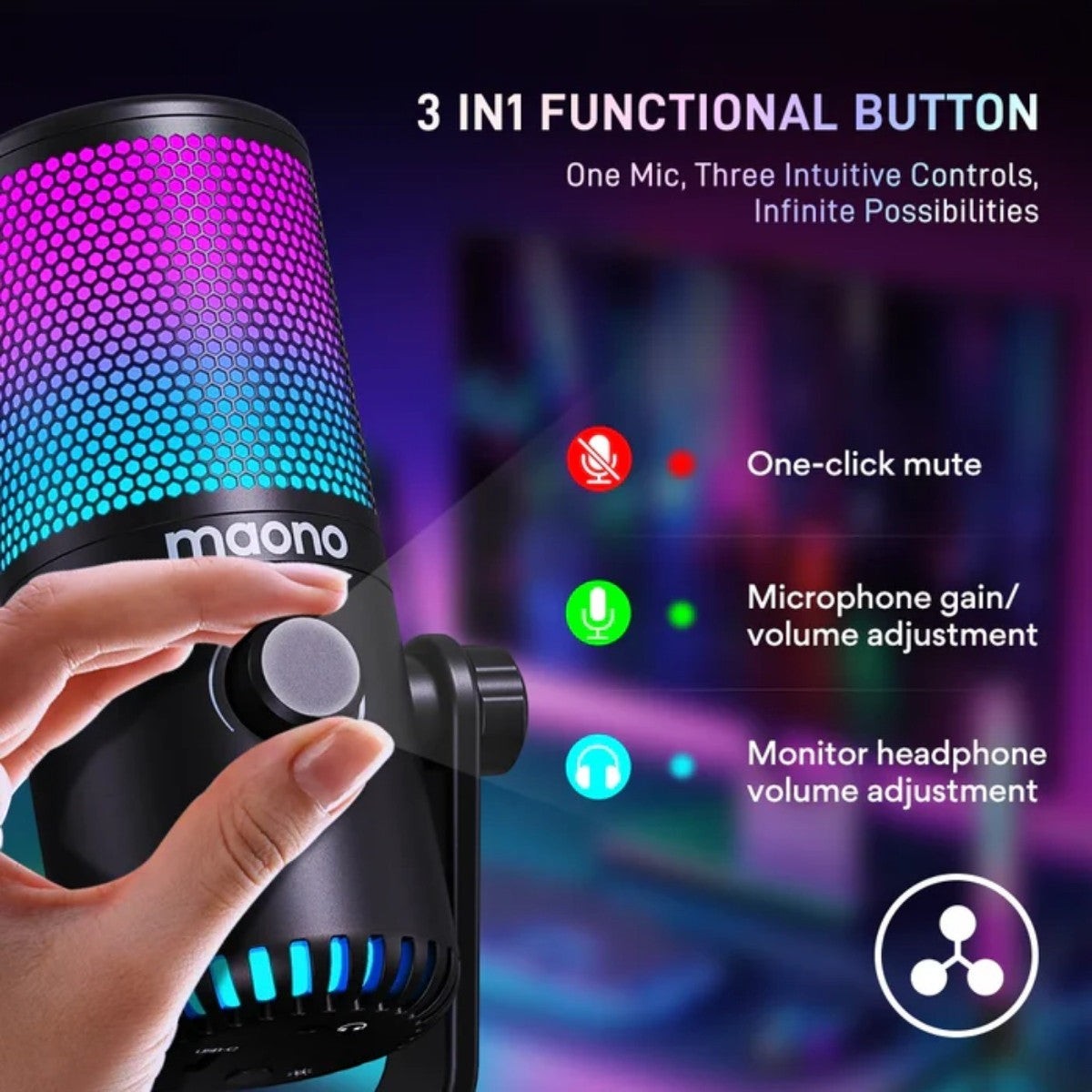 Zoso Music Maono DM30RGB condenser microphone with customizable RGB lighting and manual gain control knob