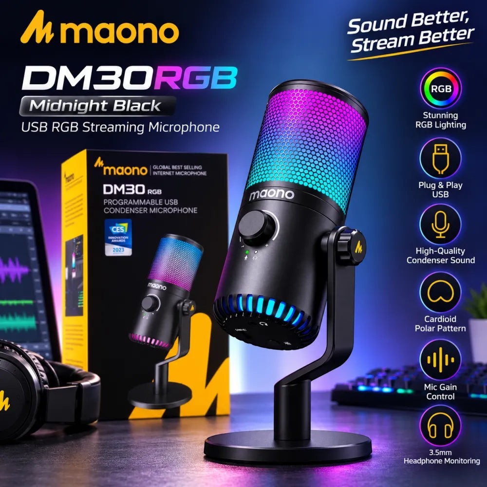 Zoso Music Maono DM30RGB USB condenser microphone in arctic white with customizable RGB lighting and desktop stand
