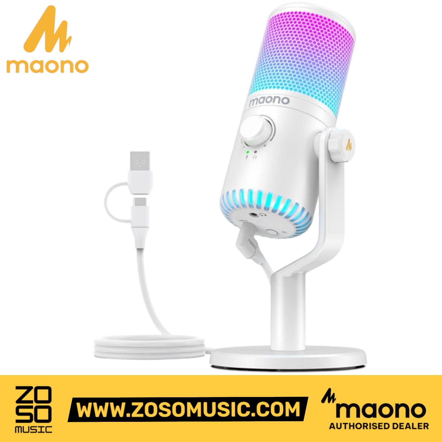 Zoso Music Maono DM30RGB arctic white USB condenser microphone with customizable RGB lighting and desktop stand
