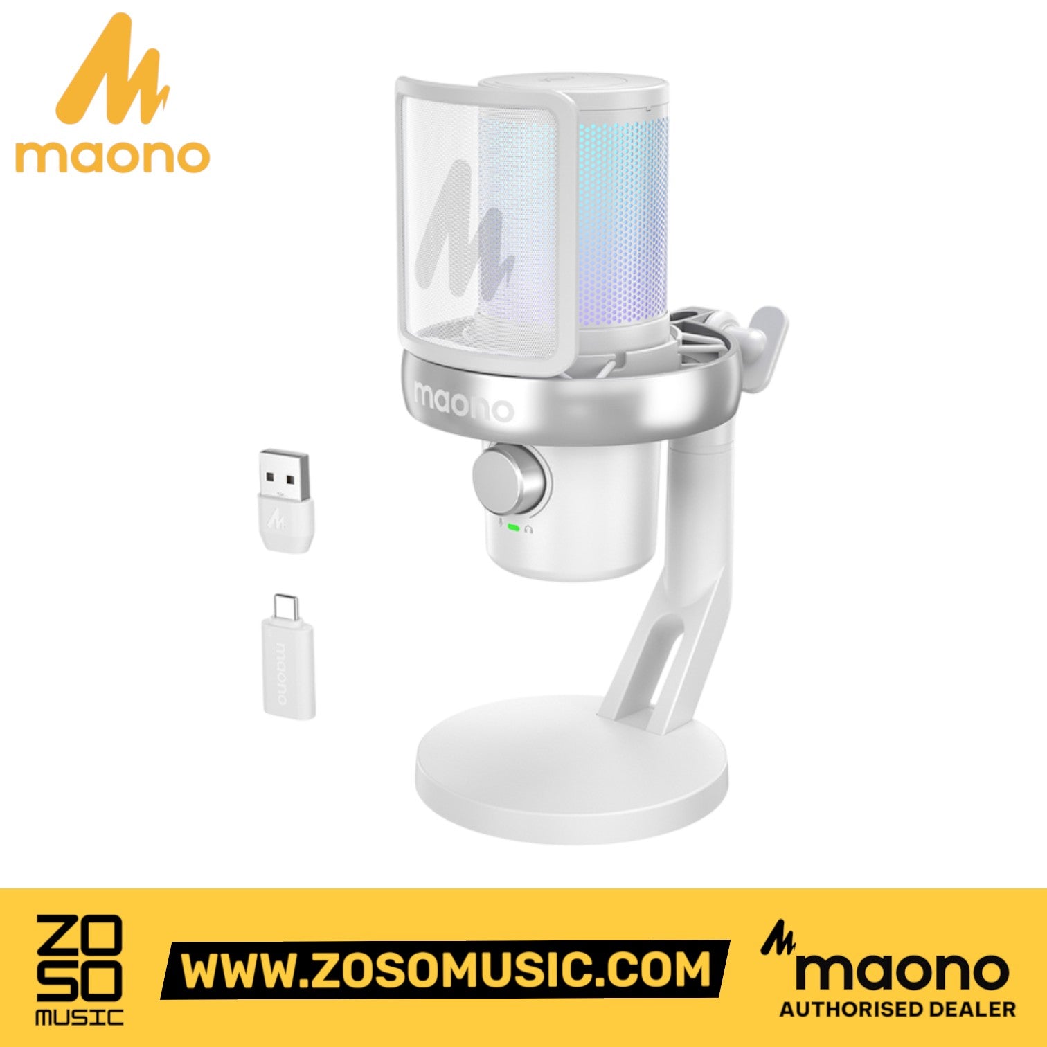 Zoso Music Maono DM40 PRO white wireless condenser microphone with RGB lighting, pop filter, and USB-C receiver.