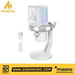 Zoso Music Maono DM40 PRO white wireless condenser microphone with RGB lighting, pop filter, and USB-C receiver.