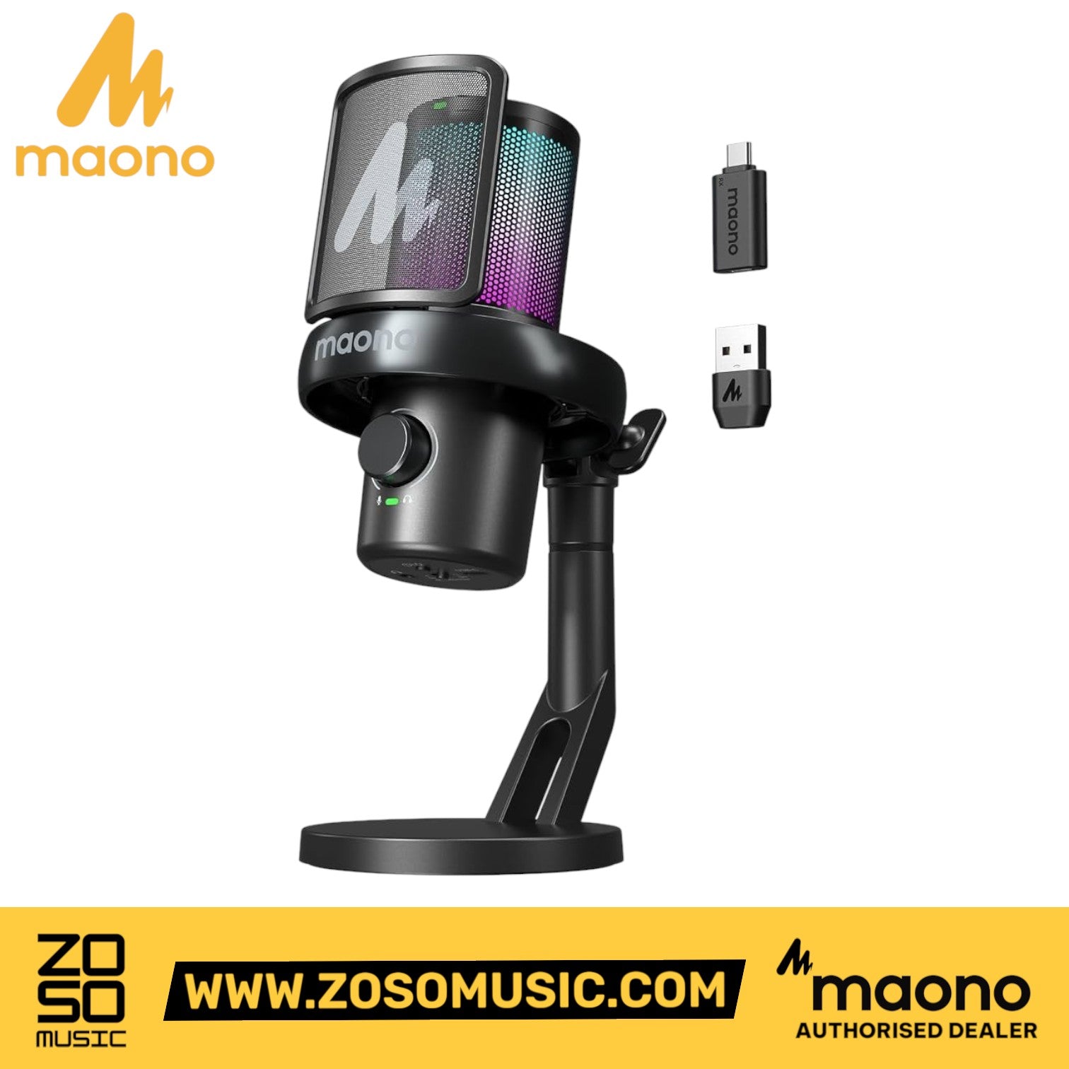 Zoso Music Maono DM40 PRO wireless condenser microphone with RGB lighting, pop filter, and desktop stand.