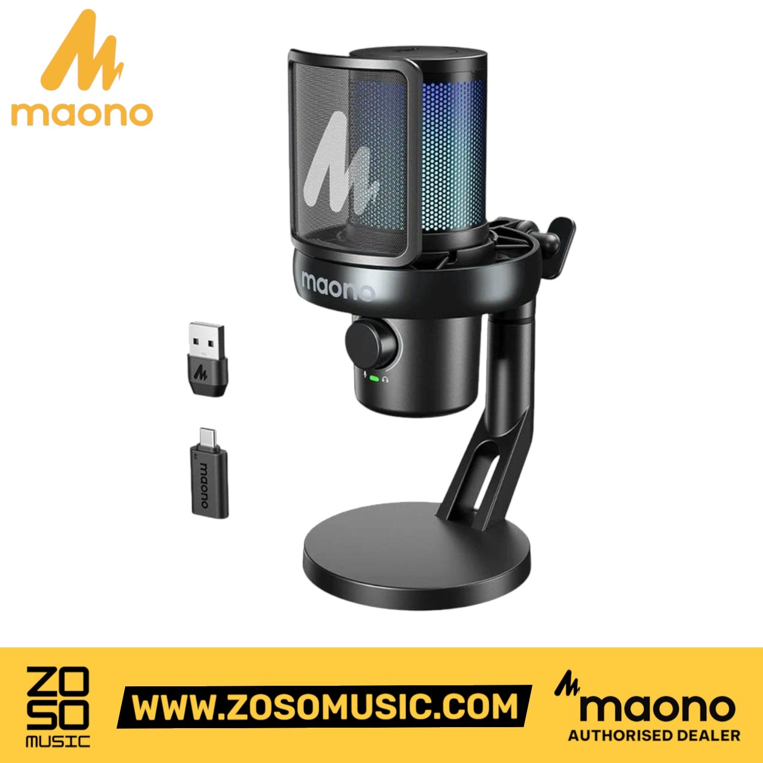 Zoso Music Maono DM40 PRO wireless condenser microphone with RGB lighting, pop filter, and desktop stand.