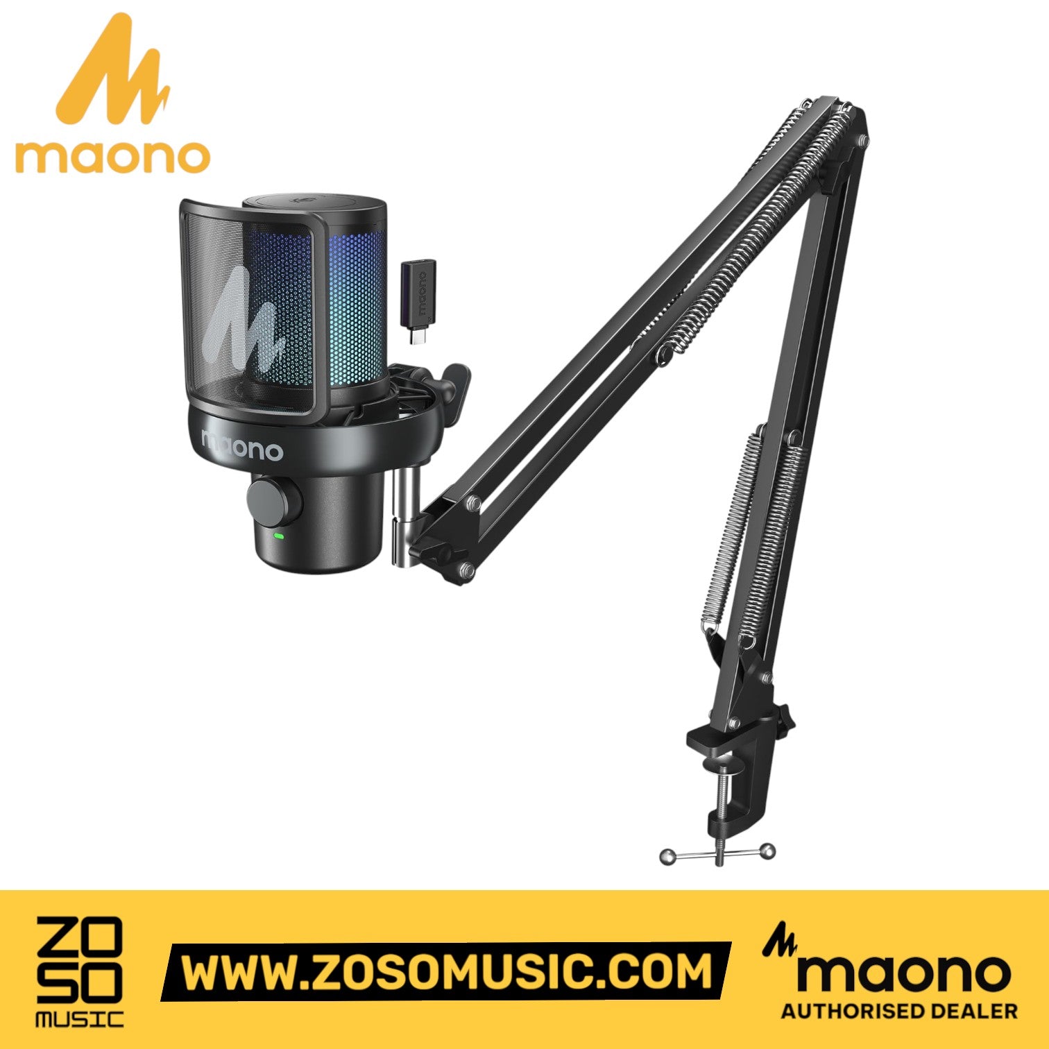 Zoso Music Maono DM40 PRO wireless condenser microphone with RGB lighting, pop filter, and adjustable boom arm stand.