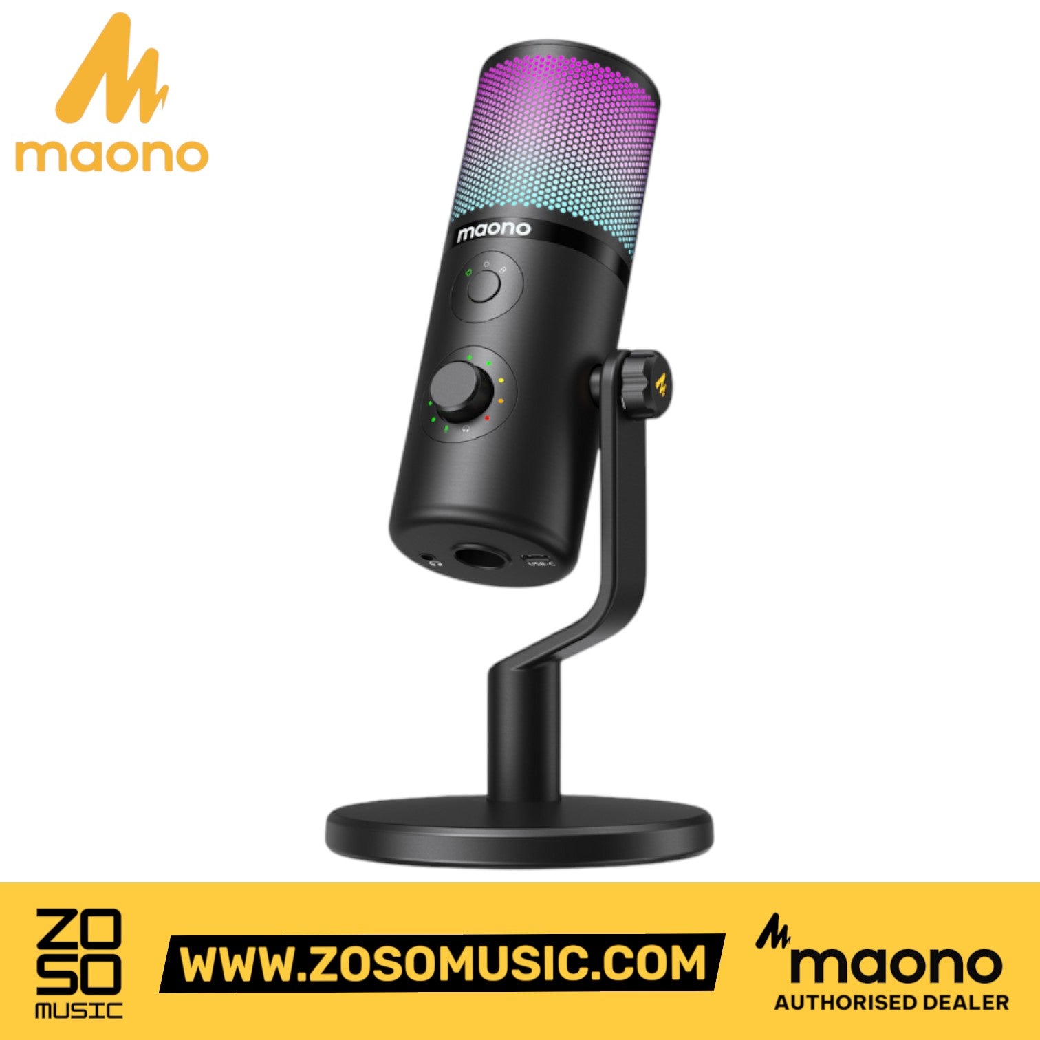 Zoso Music Maono DM50 USB condenser microphone with RGB lighting, multifunction control knob, and metal stand.