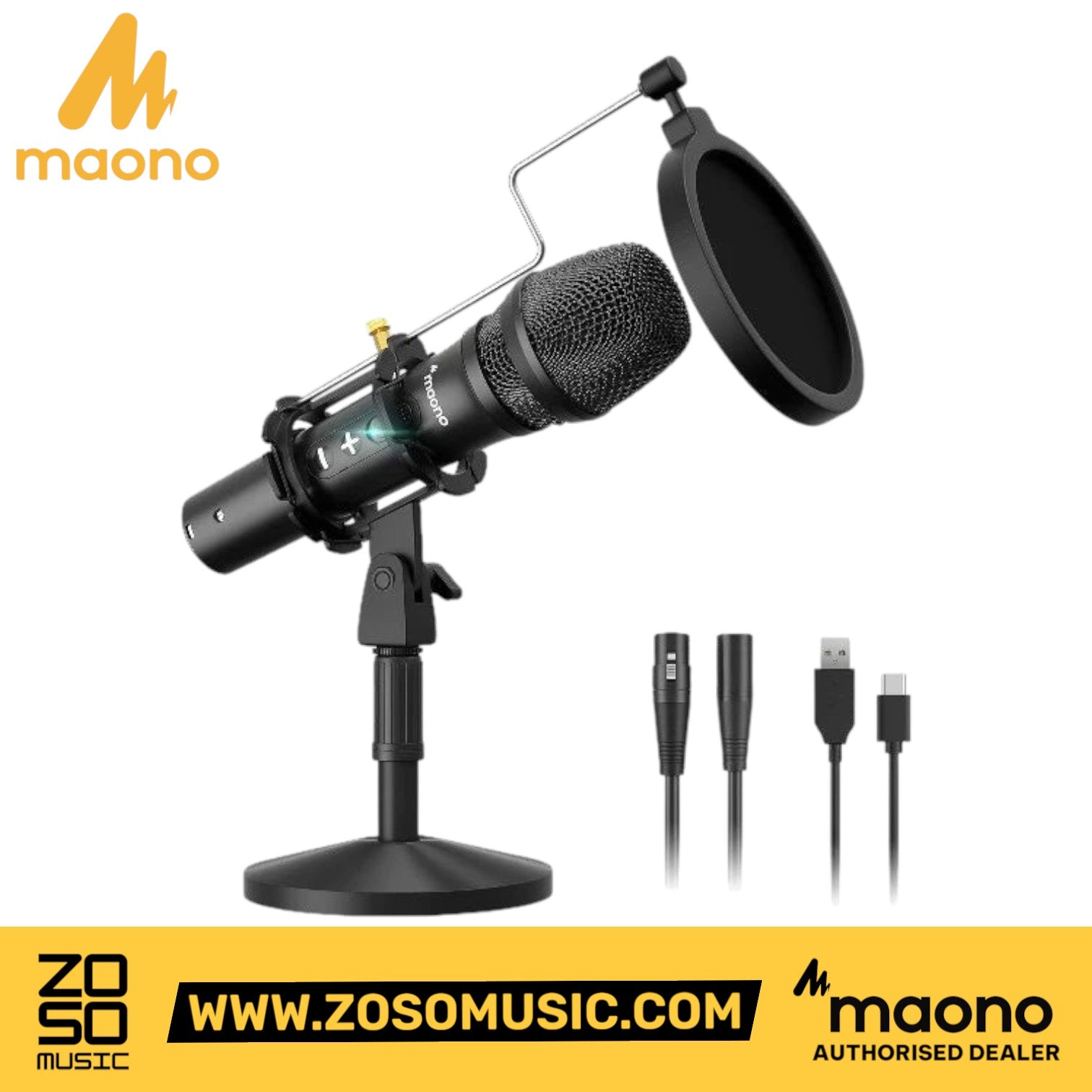 Zoso Music Maono AU-HD300T black dynamic microphone kit with shock mount, pop filter, and USB/XLR cables.