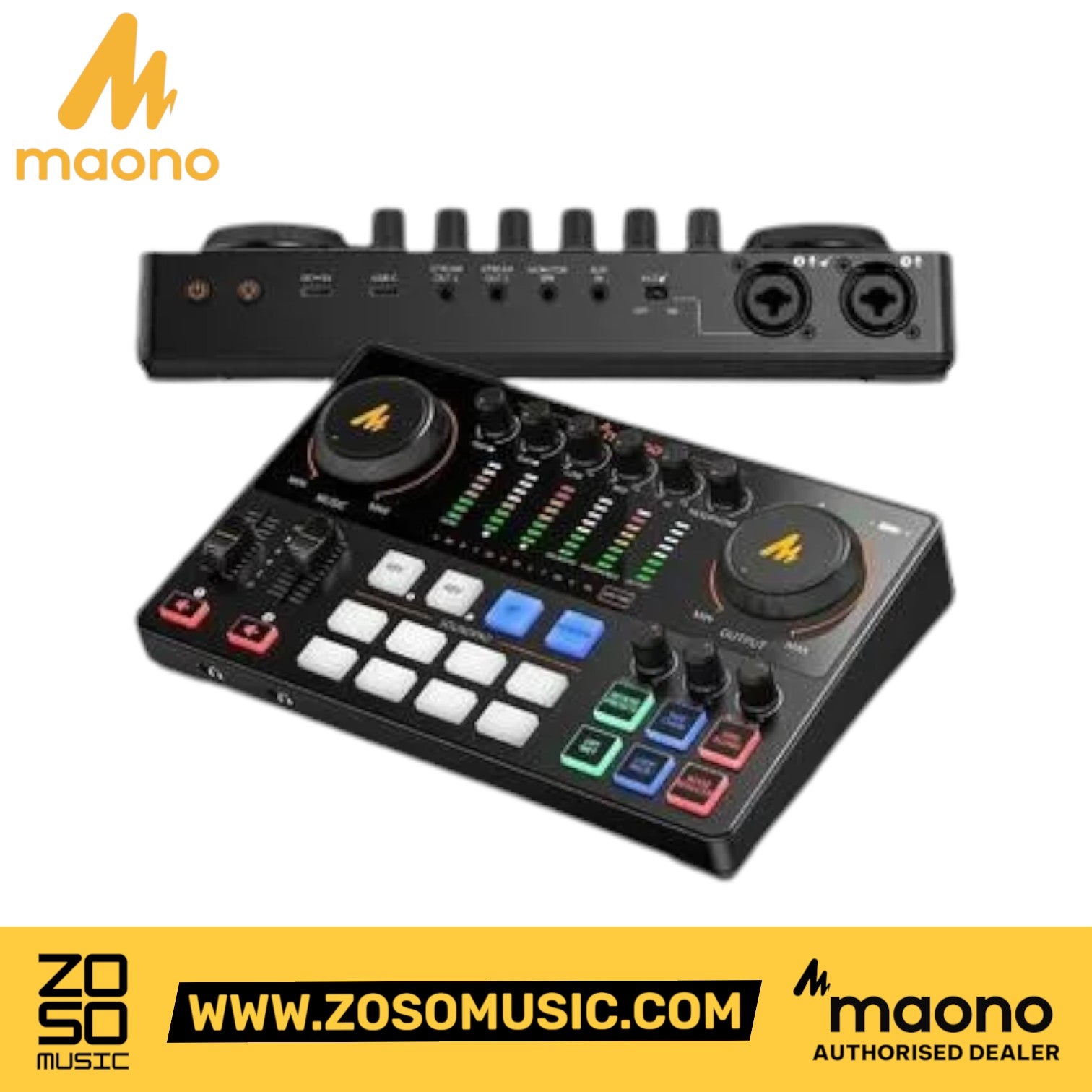 Zoso Music Maono E2 Gen 2 podcast console with dual XLR inputs, sound pads, and volume controls for streaming.