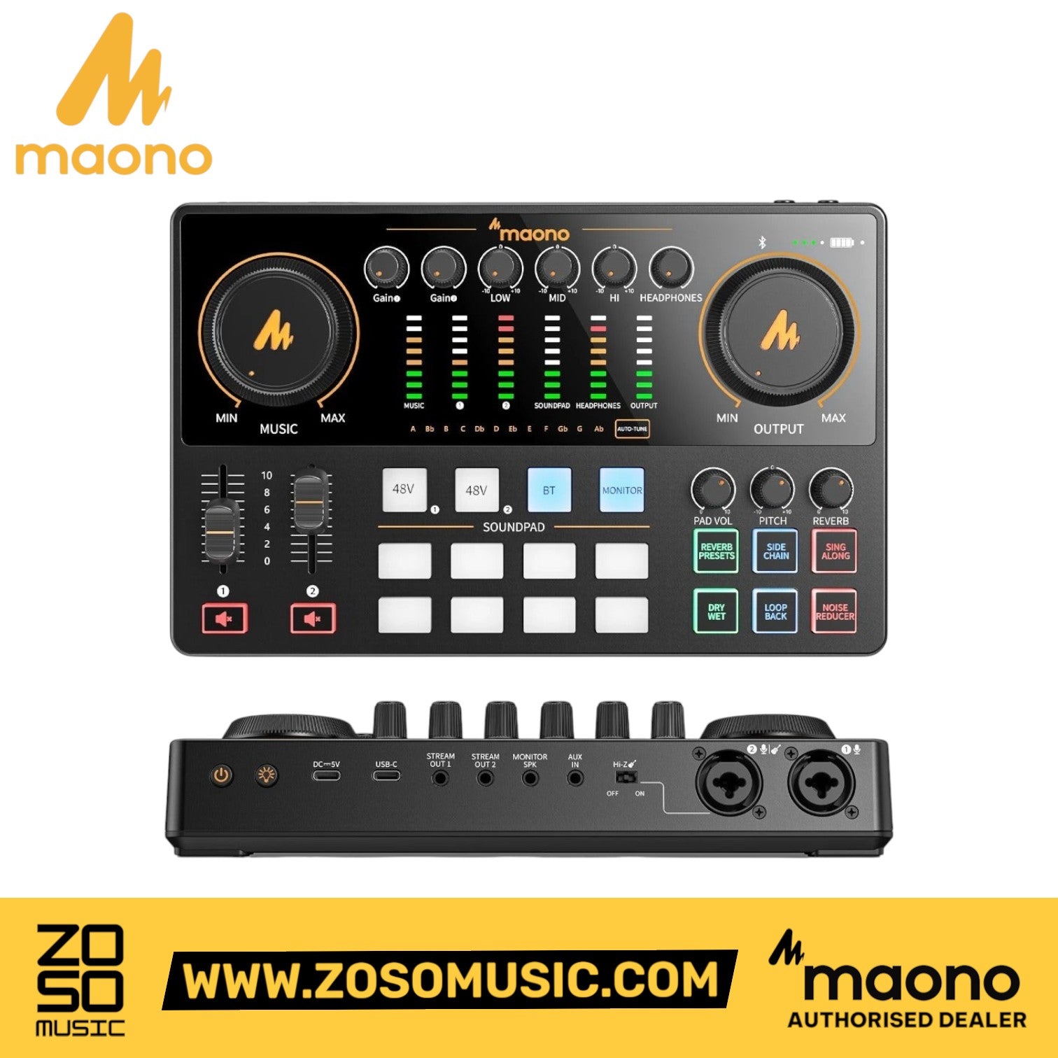 Zoso Music Maono E2 Gen 2 podcast interface with top and rear views showing sound pads, gain knobs, and XLR inputs.
