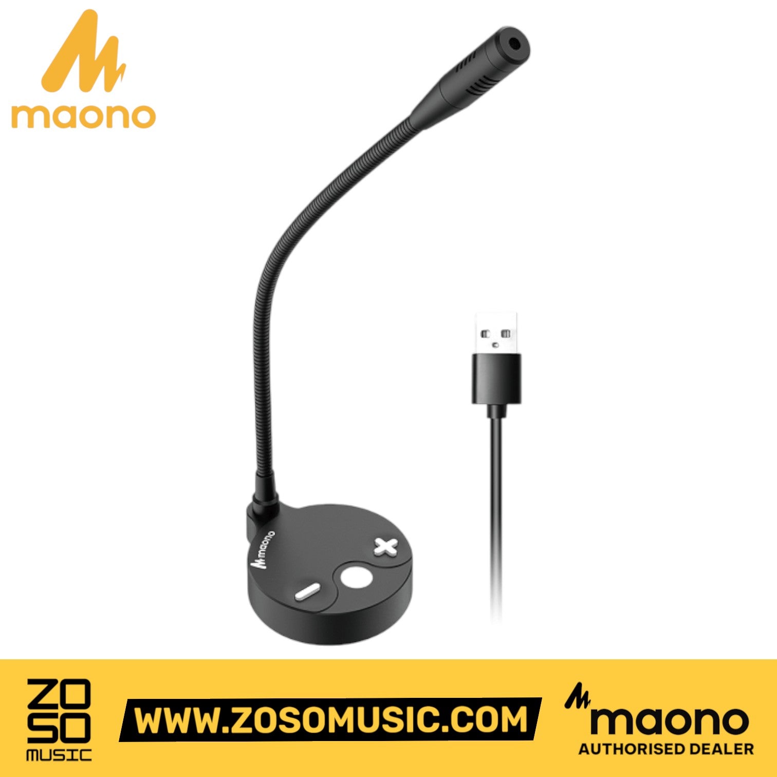 Zoso Music Maono GM10 USB gooseneck condenser microphone with black flexible arm and desktop base